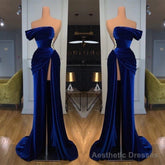 Blue Off-the-Shoulder Velvet Prom Dress Mermaid Long With Split